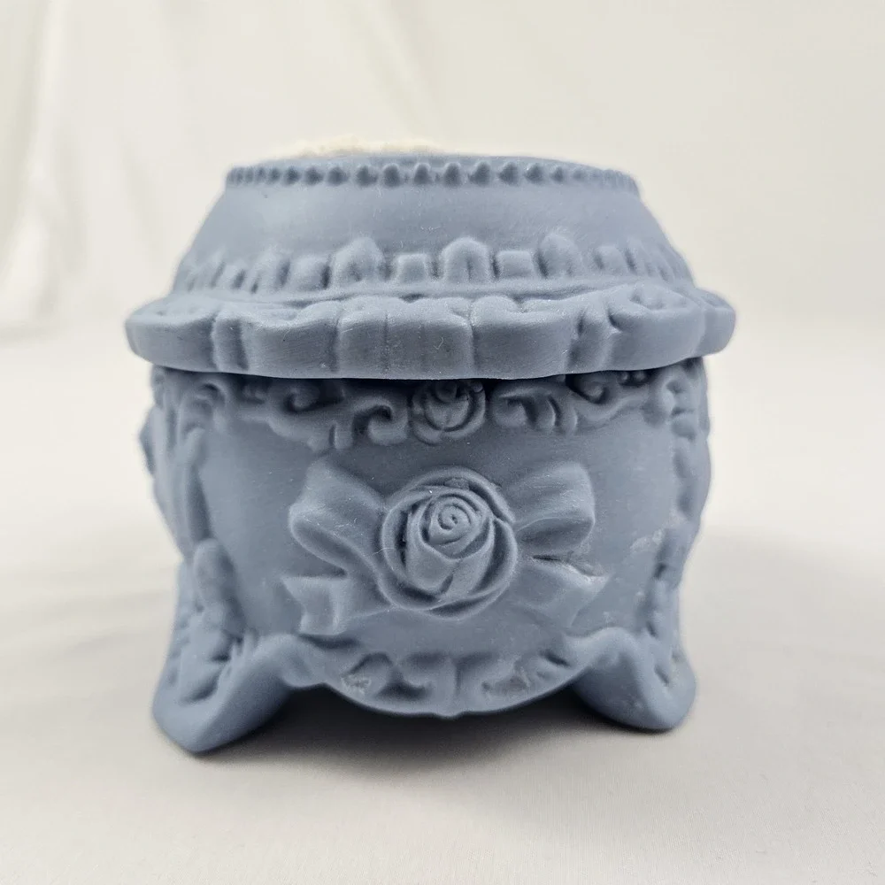 Vintage Blue Jasperware Style Trinket Box with White Relief Maiden Cameo